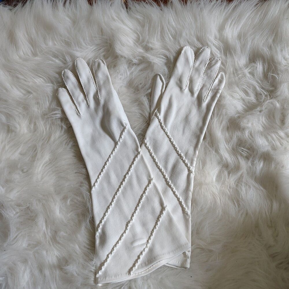 True Vtg White Beaded Retro Classy Wmns Gloves